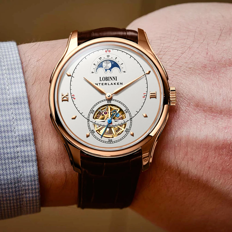 Мужские автоматические механические часы Lobinni Skeleton водонепроницаемые 50 м из