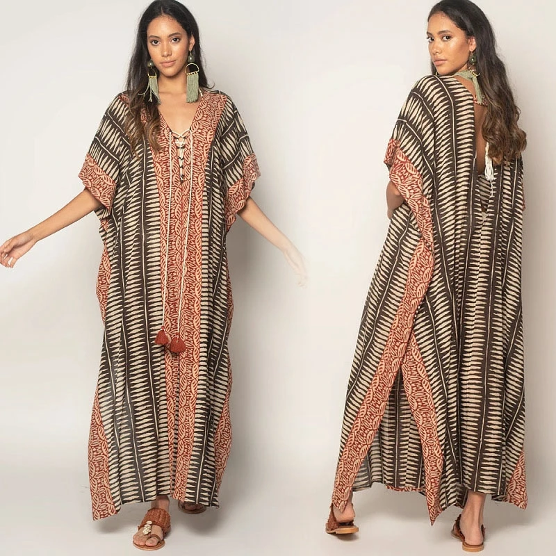India Kaftan Dress V-Neck Lace Up Ethnic Traditional Patter Print Maxi Caftan Batwing Short Sleeve Beach Cover Morocco Tunics | Женская