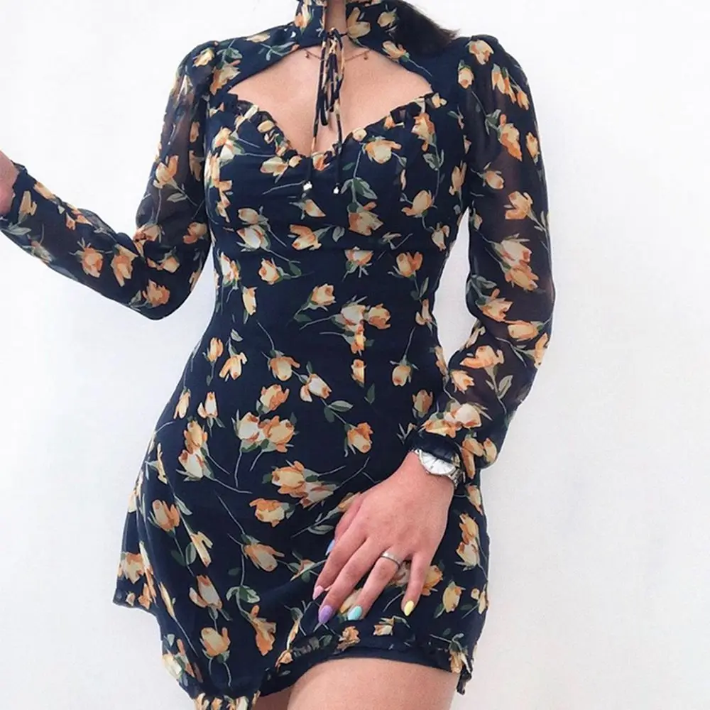 Женское платье с оборками и бантом мини цветочным принтом сексуальное винтажное