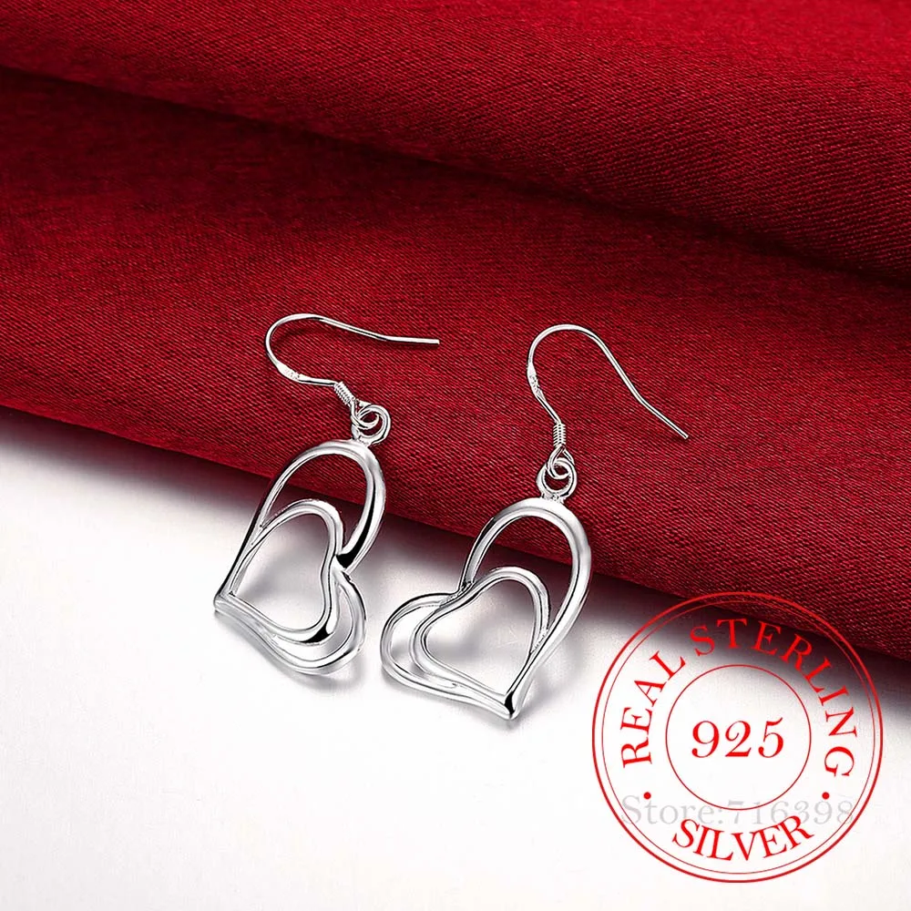 

Korea 925 Sterling Silver Double Cute Heart Romantic Vintage Long Drop Dangle Earrings For Women 2020 Engagement Wedding Jewelry