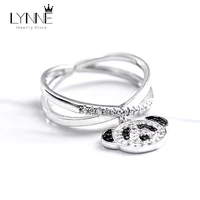 fashion trend adjustable silver color little bear pendant ring exquisite panda rhinestone double layer rings women jewelry gift
