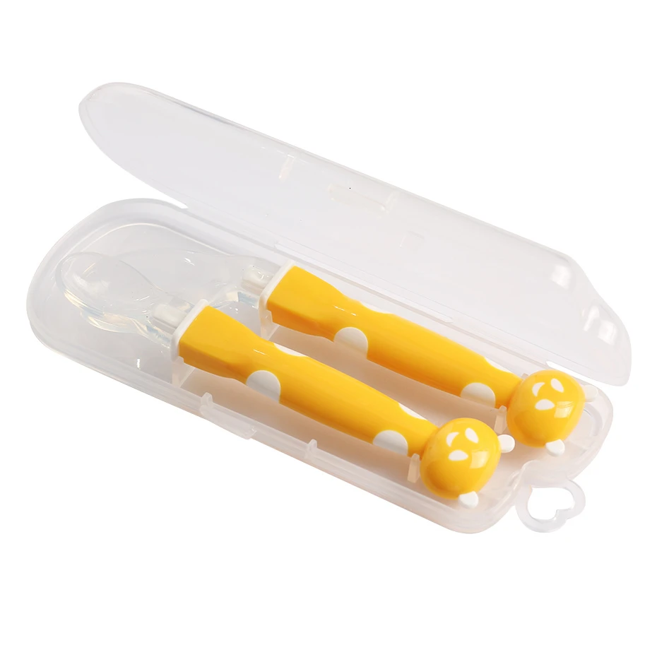 yellow 2 шт./компл. силиконовая детская ложка, набор для детей с мультяшным медведем, ручка, обучающая посуда, Детская безопасная посуда с коробкой, Детские аксессуары - Цвет: yellow