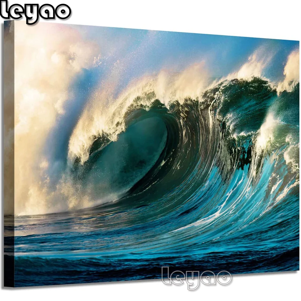 

Алмазная 5D картина с волнами, картина из квадратных/круглых страз стразы, мозаика с морским пейзажем, украшение для дома «сделай сам»