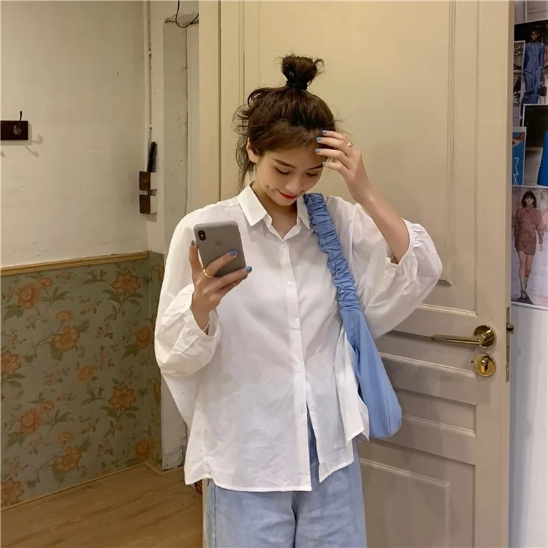 

Spring 2021 New Loose Shirts French Gentle Wind Blouse Three Quarter Sleeve White Blue Women Fashion Casual Basic Top Button
