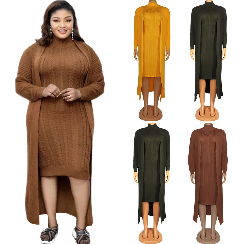 

African Sweater Dress & Outwears Sets Bodycon Mid Calf Long Sleeve Elegant For Office Work Business Formal Dresses Sets New Hot