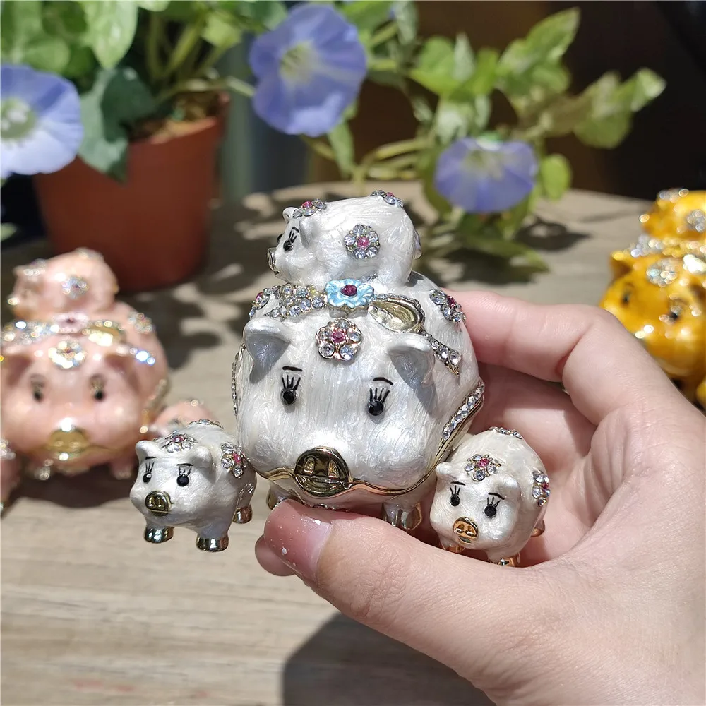 Pewter Pig Trinket Jewelry Box Creative Cute Gifts Metal Craft Collectibles Animal Mother with Three Baby Keepsake Case