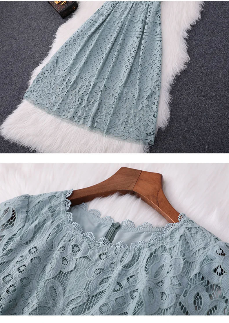 

Fashionable Lace Dresses for Women Summer Office Lady Sky Blue Round Neck Short Sleeve Hollow Out Big Swing Zipper Back Clothing