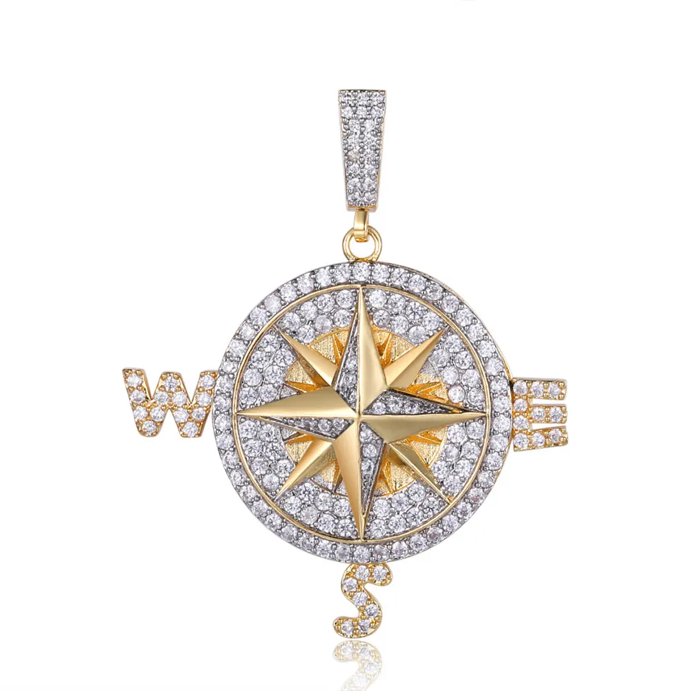 

100% Micro Zircon Hip Hop Compass Double Color Pendant Necklace For Men Jewelry Wholesale Dropshipping Custom Accept Party