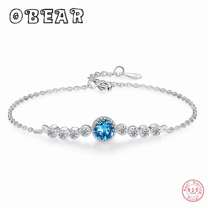 Женский браслет с голубым розовым кристаллом OBEAR из 100% стерлингового серебра 925