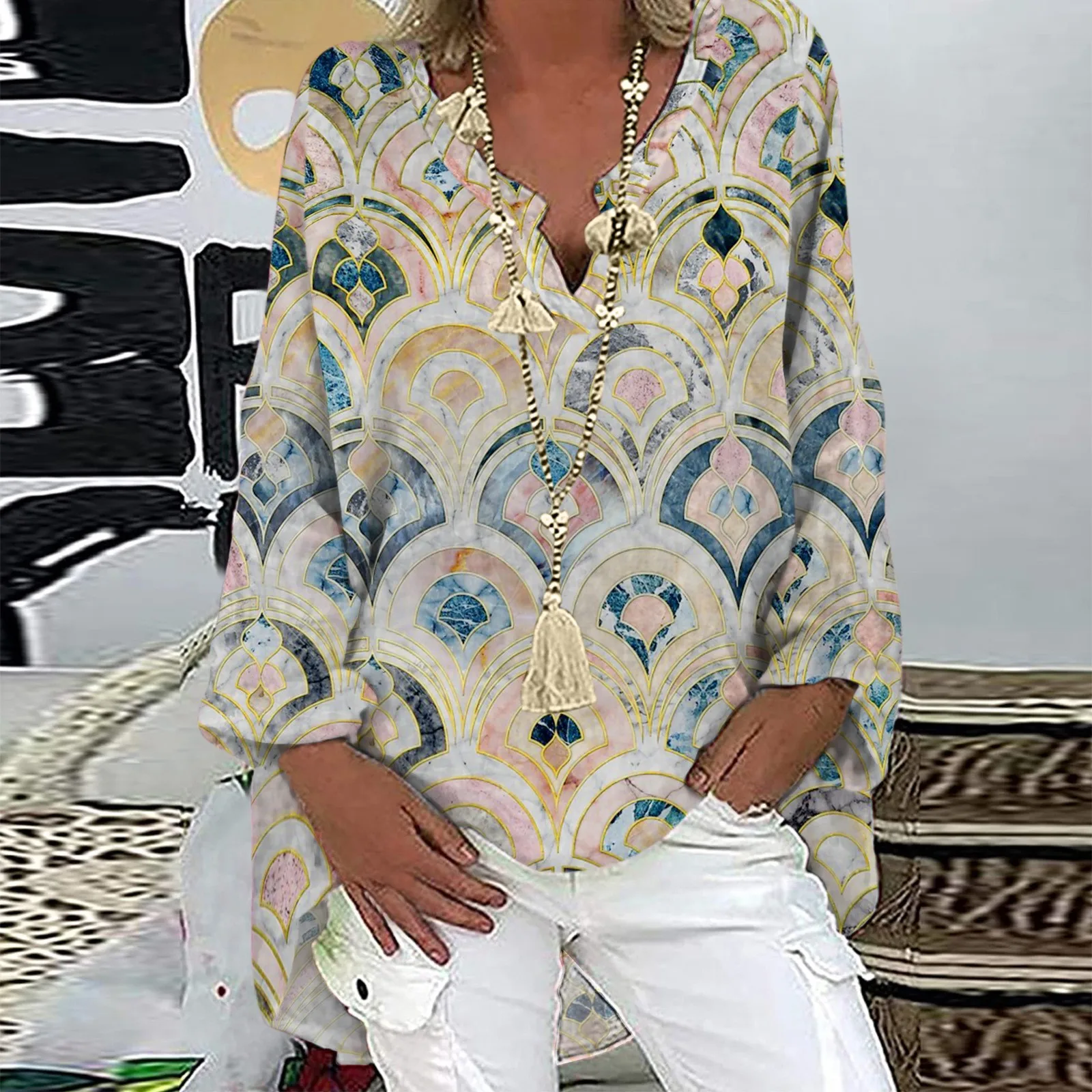 

Diamond Print Blouses Women Casual Plaid Geometric Print V-neck 2021 Causal Long-sleeved Loose Shirt Plus Size Top Blouses Femme