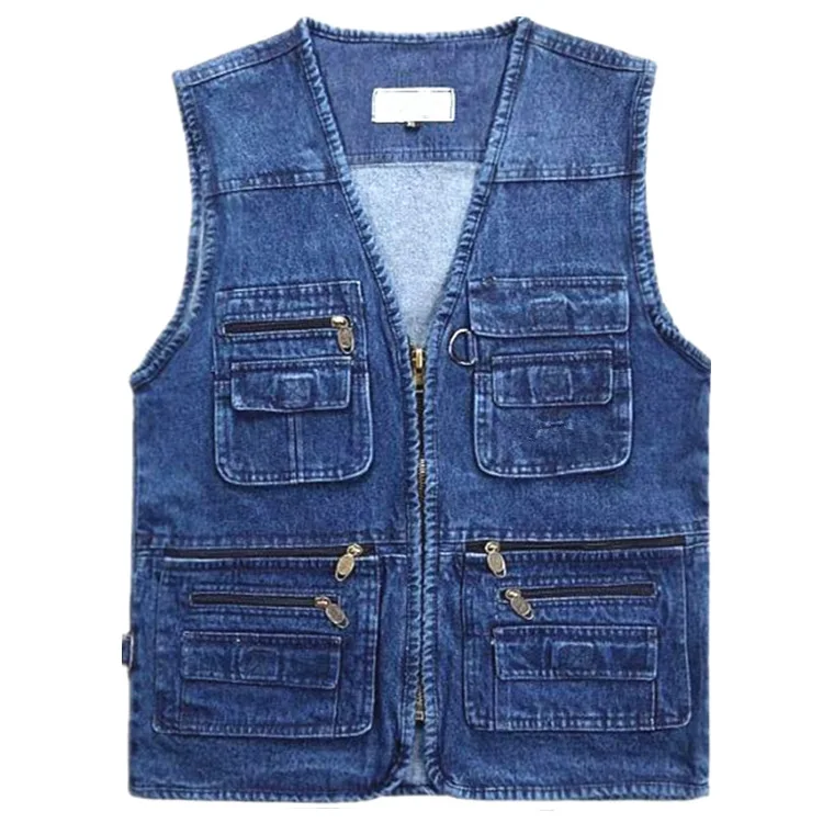 

Big Size V-Neck Denim Work Vest Men Solid Casual Waistcoat Many Pockets Fishing Sleeveless Jacket middle aged elderly clothes