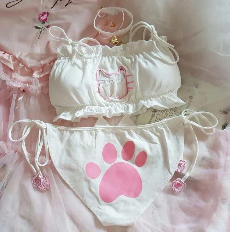 Conjunto de ropa interior de Anime japonés, conjunto de lencería suave sin tirantes, bonito gato, ahuecado, Sexy, con encaje en el pecho abierto, Sukumizu