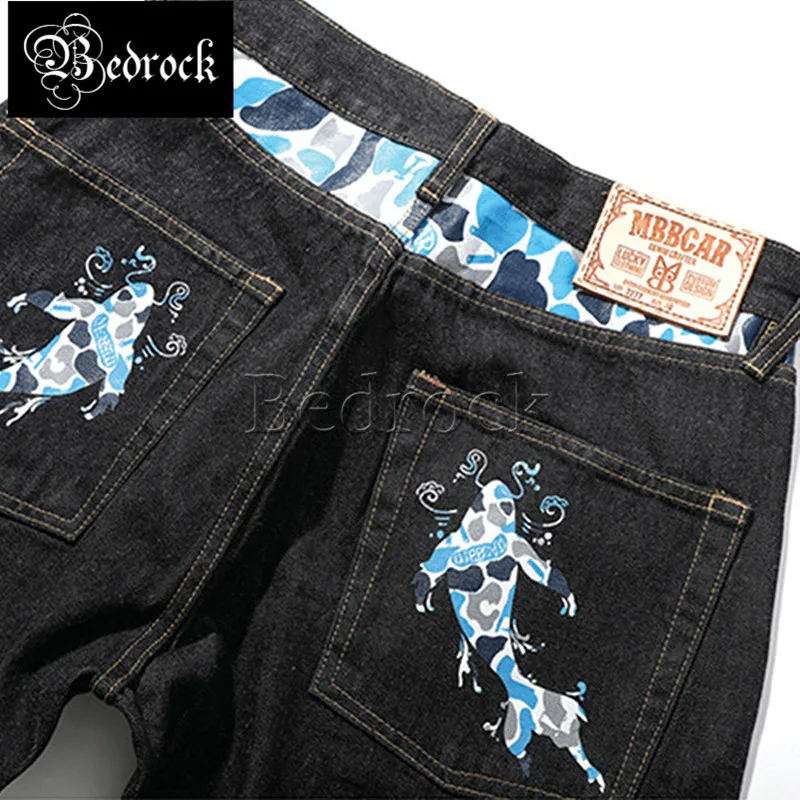MBBCAR selvedge jeans 14oz raw denim jeans one washed black Men's camouflage koi print rope black jeans loose tapered jeans 7277
