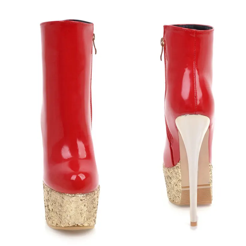 Женские ботильоны на платформе 15 см красные ботинки из лакированной кожи высоком