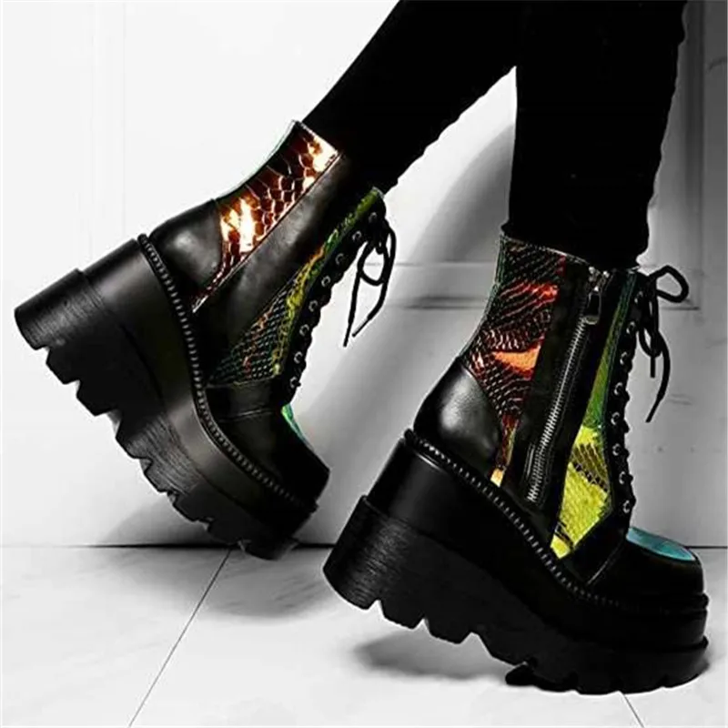 

Women's Height-increasing Shoes Thick-soled Boots Fashion Slope Heel Color Matching Upper Lace High-top Trend Punk Plus Size