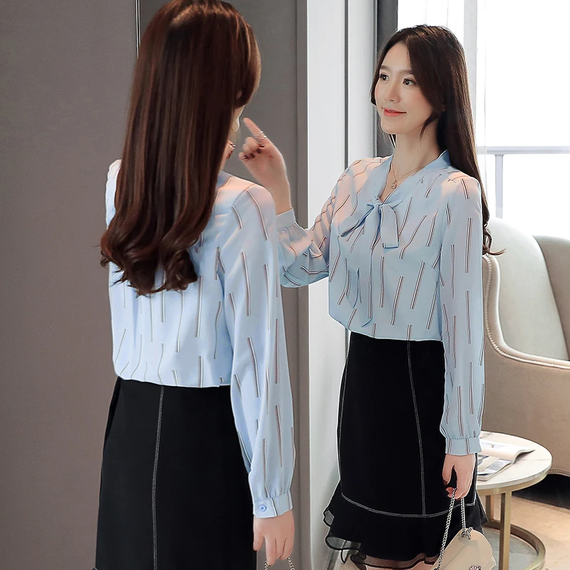 

2021 Autumn Fashion Women Chiffon Blouses Long Sleeve V-neck Women Clothing Casual Striped Blue Women Tops Office Lady 5497 50
