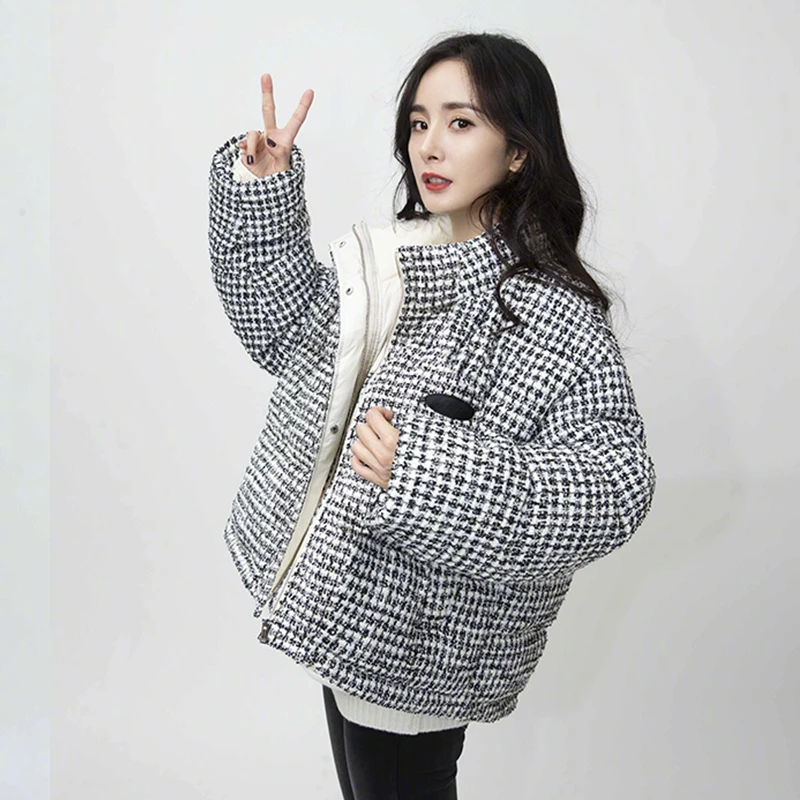 

Женская твидовая куртка-пуховик, теплая Толстая твидовая куртка в клетку с рисунком «гусиные лапки», модная зимняя куртка большого размера ...