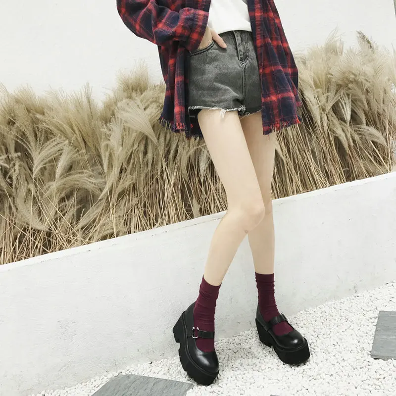 

Punk shoes Women High Heels Buckle Casual Shoes Woman Black Round Toe Mary Jane Shoes Platform Wedges Leather Lady Pumps B235