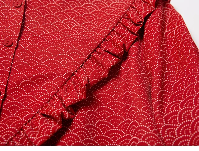 

Women Blouse Red Ruffles Half Puff Sleeve Scalloped Print O-Neck Shirt Female Tops 2021 Spring Summer Girls Outfit