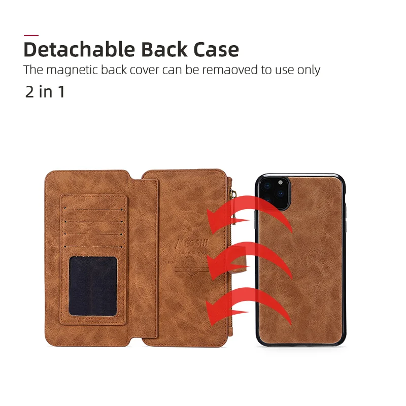 Роскошный многофункциональный кожаный чехол-кошелек для iPhone 6, 7, 8, металлическая молния, XS, XR, съемный чехол для iPhone x