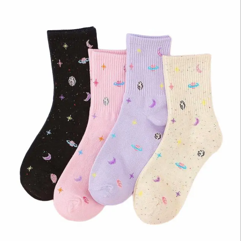

Милые женские носки, новый креативный дизайн в стиле Харадзюку с изображением забавных мультяшных планет и космоса, однотонные Хлопковые ж...