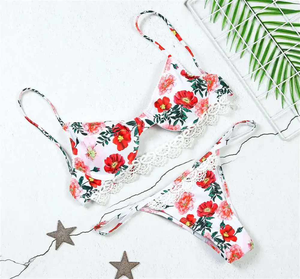 Женский кружевной купальник пуш-ап с цветочным принтом комплект пляжного бикини