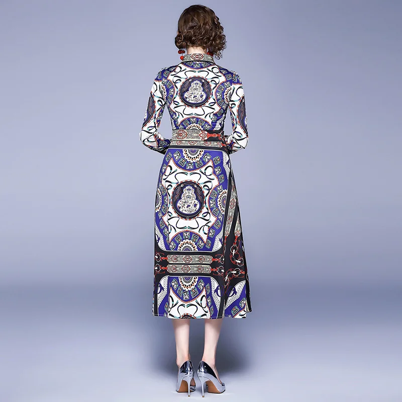 

New Elegant Vintage Women Print Slim Tunic Party Dress Office Lady Long Sleeve Midi Dresses Clothing