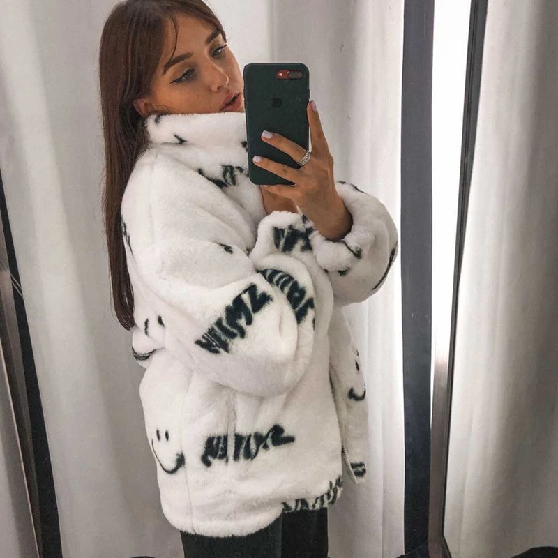 JESSIC Street Fashion Letter Fur Coats Women Winter Oversized Batwing Sleeve Faux Rabbit Fur Jacket Coat Hip Hop Streetwear