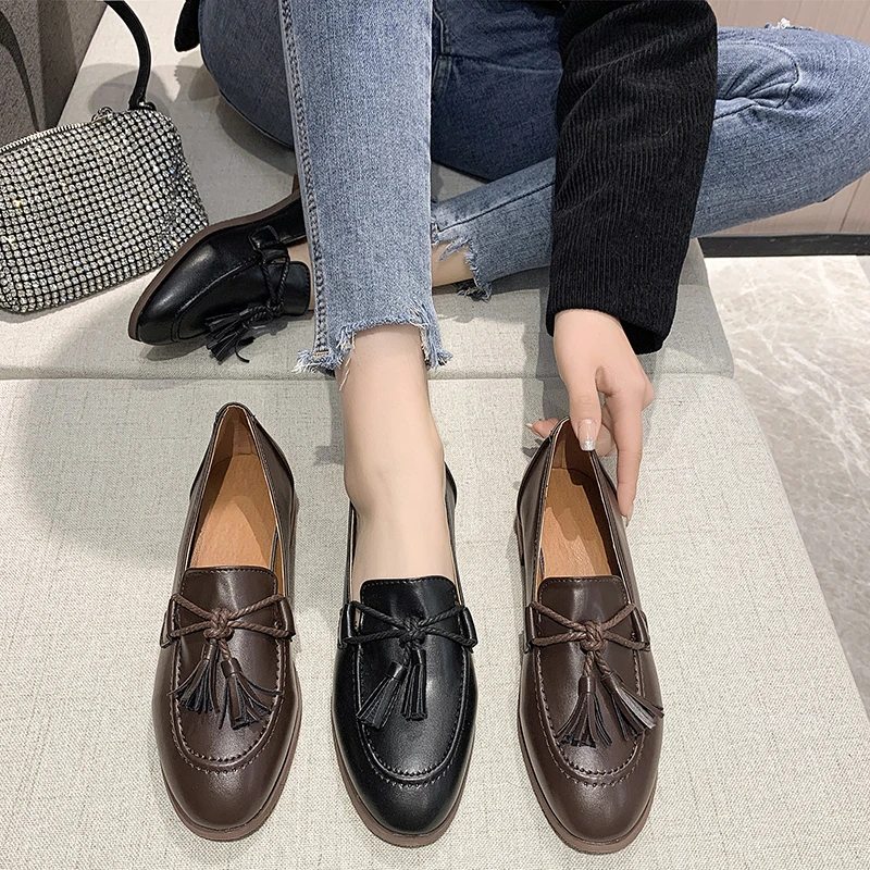 

Women Flat Mary Jane Shoes with Fringe Bow Decoration Roman Style Women Loafers for Spring and Autumn zapatos mujer Ladies Shoe