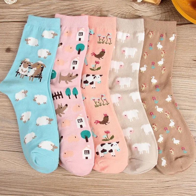

Women's Socks Japanese Cotton Cartoon Breathable Cute Funny Happy kawaii Cow sheep chicken Socks for Girl Christmas Gift 2019