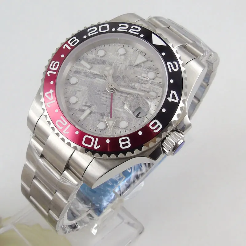 

Mechanical Men Watch 40mm GMT Function Date Window Black Red Bezel Automatic Movement Mental Bracelet
