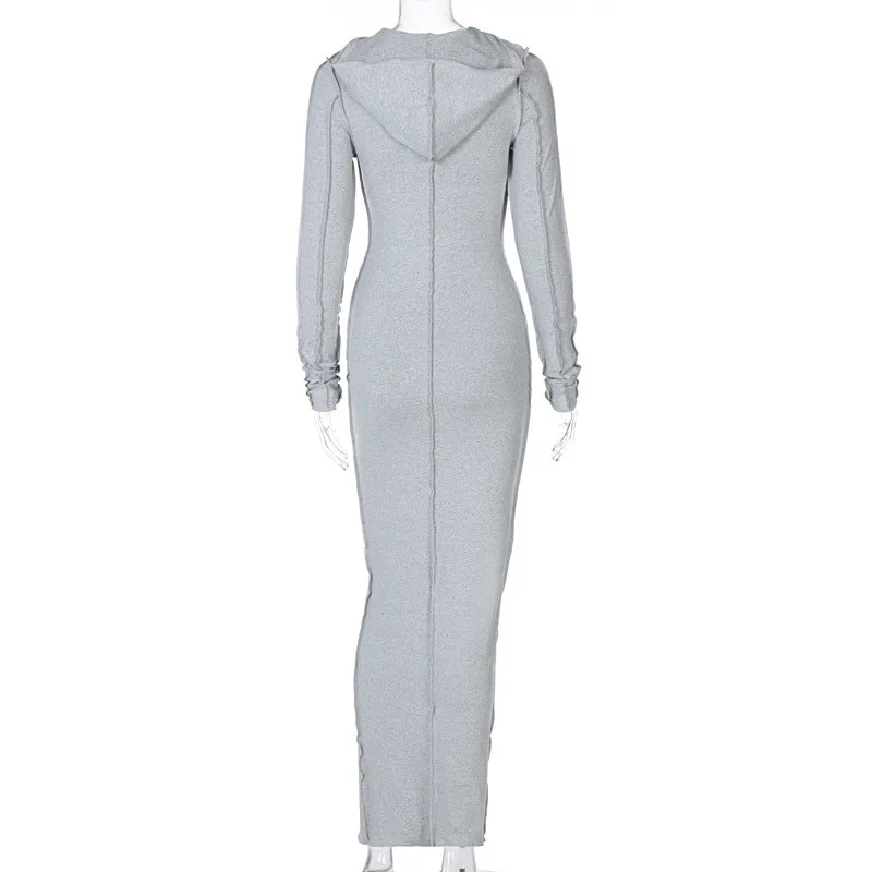 

WJFZQM Long Sleeve Hooded Patchwork Skinny Maxi Party Dress Spring Autumn Women Fashion Streetwear Casual Outfits Bodycon Dress
