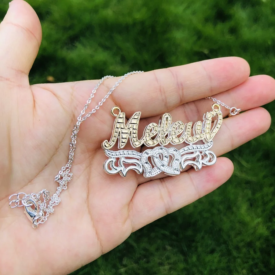 Customized Name Double Heart Necklace 3D Name Pendant Custom Nameplate Birthstone Necklace Personalized Name Plate Women Chain