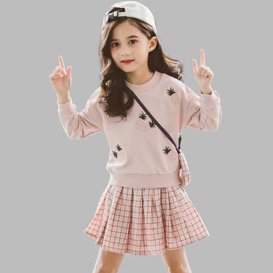 Детская одежда пуловер с ананасом + костюм юбкой в клетку для девочек мультяшной