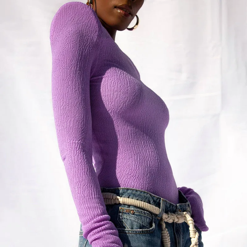 

Осень 2021, женская футболка, однотонные повседневные облегающие Блузы с круглым вырезом, футболки с длинным рукавом, сексуальный пуловер, ул...