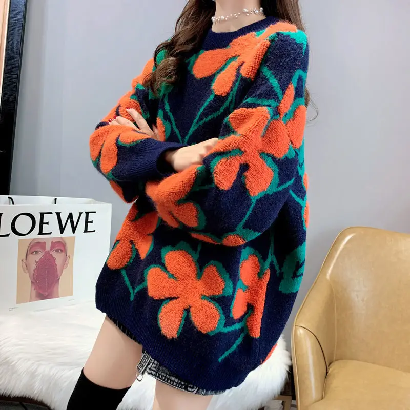 

Korean Fashion Women Vintage Sweater Spring Autumn Clothes Loose Round Neck Long-Sleeved Thick Warm Pullover Lazy Wind Knitwear