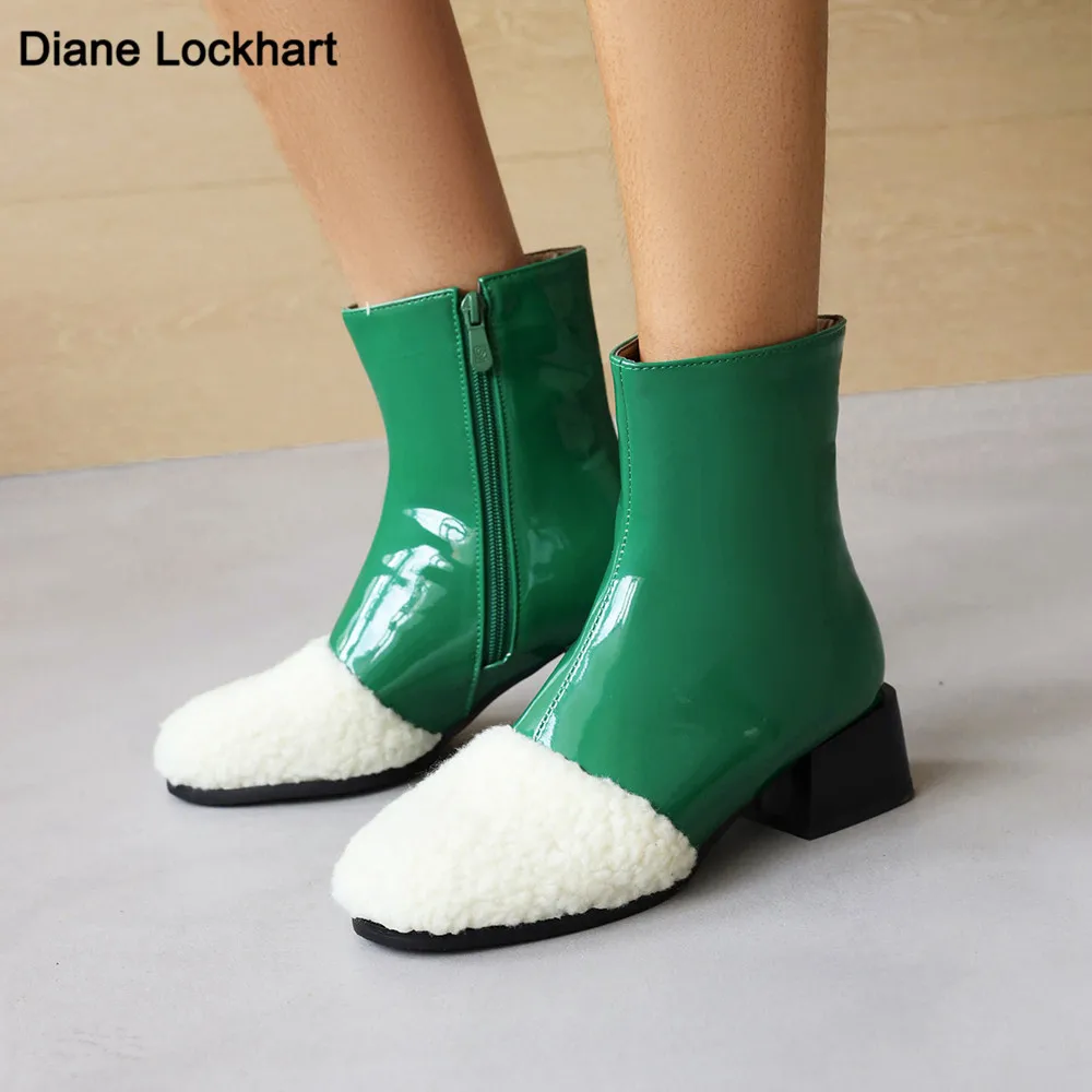 

2021 Warm Fur Ankle Boots For Women Side zip Chelsea Boots Chunky Heel Platform Boots Ladies Winter Shoes Green White Black32-43