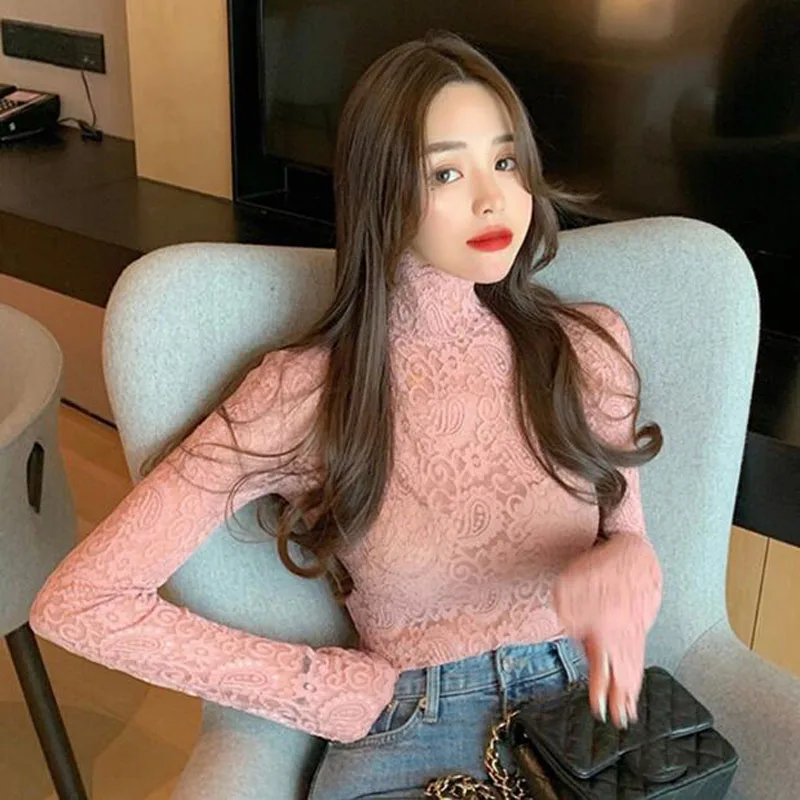 

Korean Fashion Style Women T-shirts Lace Patchwork Long Sleeve Turtleneck Women Tops Tees See-through Sexy Women T shirt