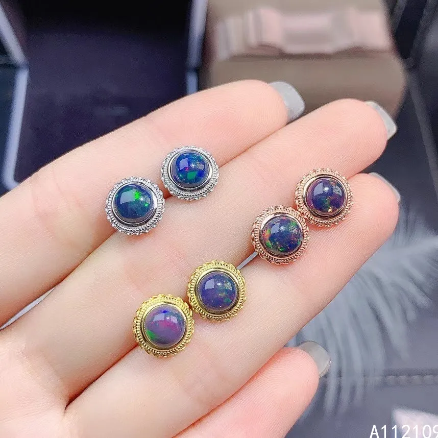 

Fine Jewelry 925 Sterling Silver Inset With Natural Gems Women's Luxury Popular Round Black Opal Earrings Ear Stud Support Detec