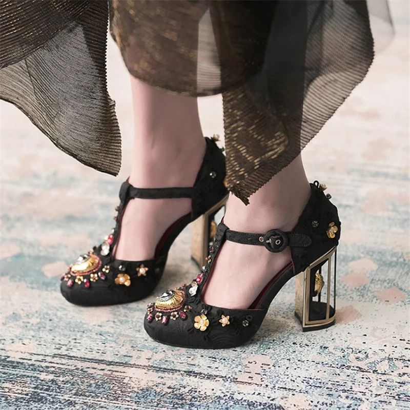Women Sandals Ethnic Style Cheongsam With Beaded Embroidered Word Buckle Women Shoes Summer Buckle Strange Heels Sandalias Mujer