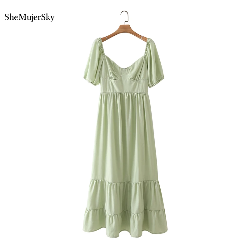 

SheMujerSky Summer Square Collar Midi Dress Short Sleeve Spliced A-line Dresses 2021 Womens Casual Dress robe femme