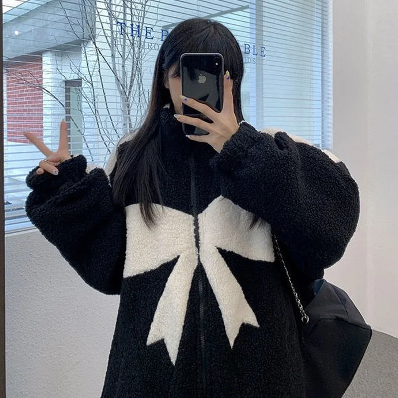 Loose Bowknot Polar Fleece Imitation Lamb Fur Fashionable New Winter Coat Faux Fur Coat  Puffer Jacket  Winter Coat Women