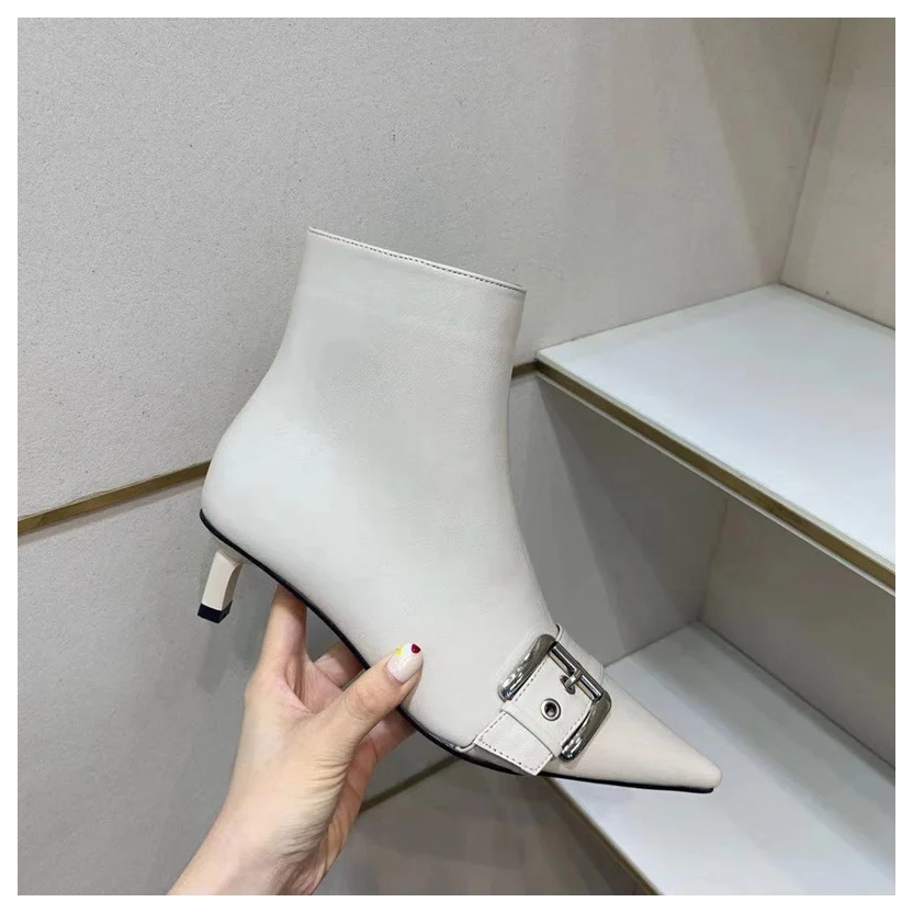 beige buckle Элегантные ботильоны; женские полусапожки на тонком каблуке с острым носком; женская повседневная обувь на шнуровке; женские брендовые ботинки; ботинки «Челси» на молнии - Цвет: beige buckle