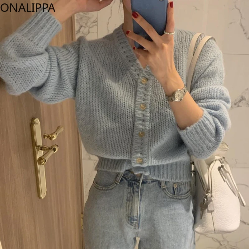 

Женский однобортный Свободный кардиган ONALIPPA, мягкий дымчато-синий однотонный вязаный короткий свитер с V-образным вырезом, 21 корейский стил...