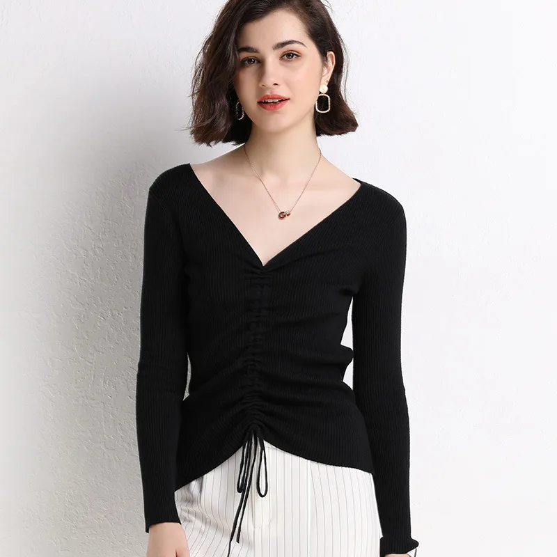 2019 New Women's Fashion V-Neck Sexy Sweater Slim Knit Base Coat Winter Clothes Women | Женская одежда