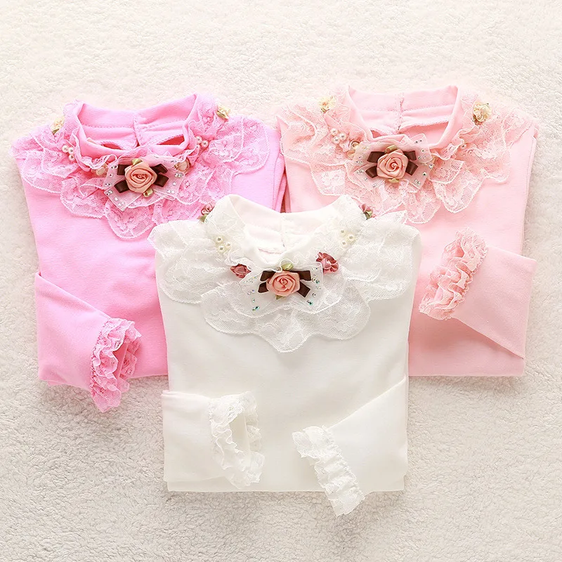 Весенне осенние блузки для девочек рубашки хлопковые кружевные топы малышей