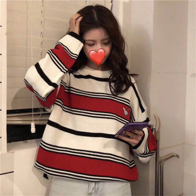 Женский полосатый свитер Ulzzang винтажный свободный с облаками в стиле Харадзюку