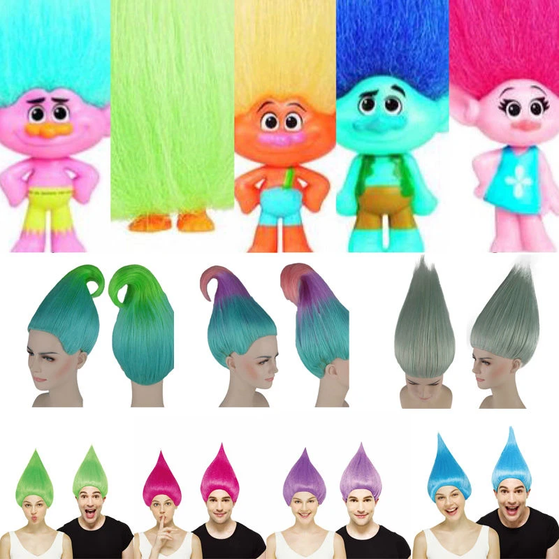 Тролли платья для девушек заколки волос Popy Дети парик косплей костюмы Holloween