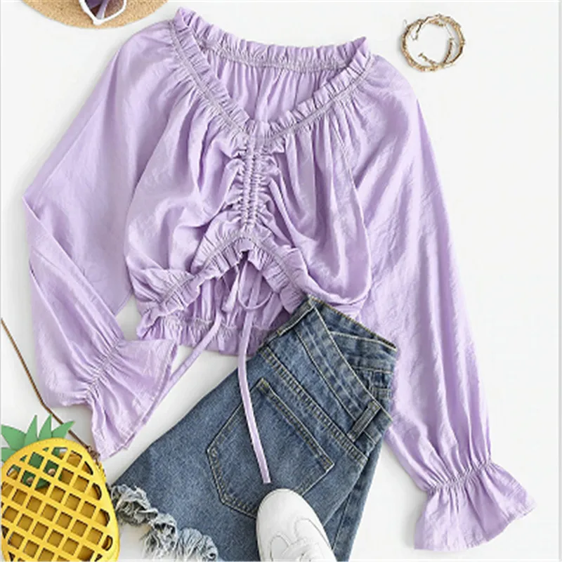 

Women Fashion Long Sleeve Drawstring Top T-Shirts Fall Casual Solid Color Crop Top Fashion 2020 for Shopping Daily Wear