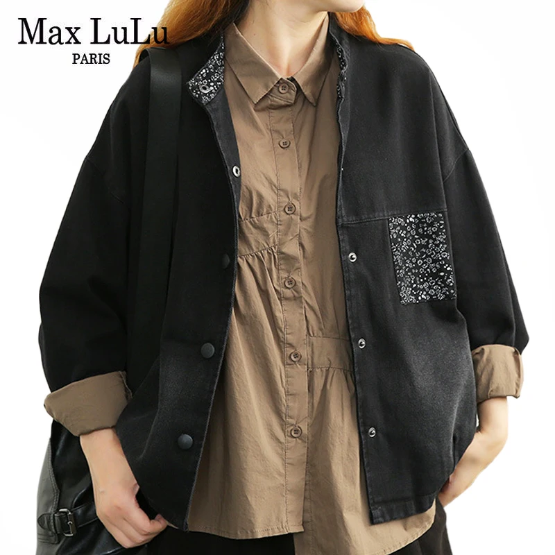 Женская джинсовая куртка Max LuLu черная свободная повседневная с цветочным принтом